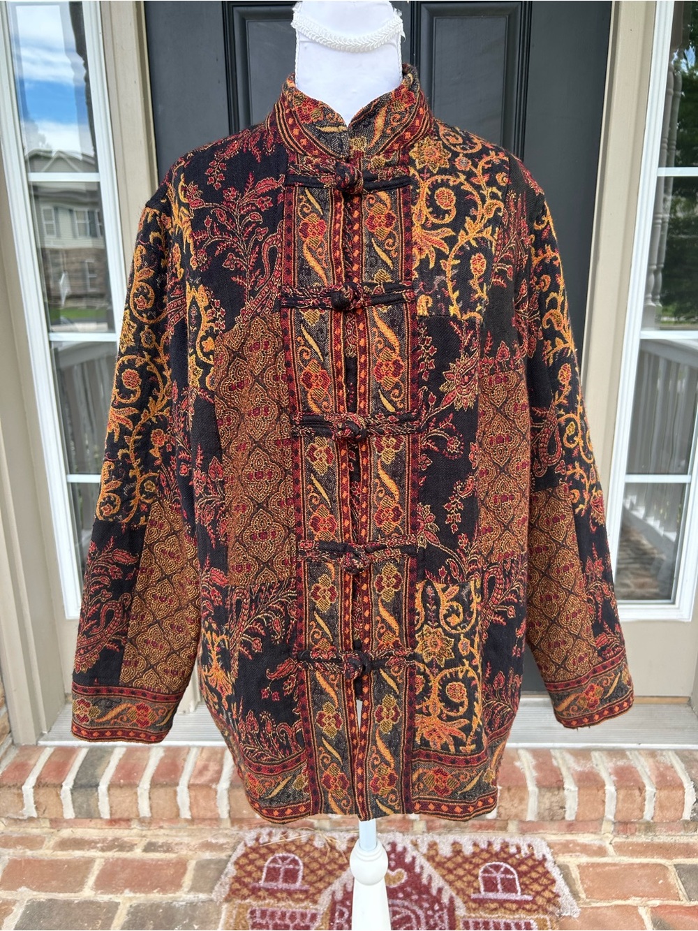 Vintage 90s 2000s tapestry woven patchwork jacket earthy boho knot closure M